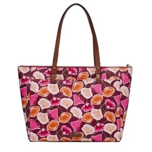 NWT Fossil Pink Multi Floral Burgundy Rachel Tote